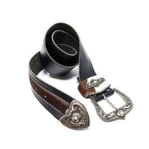 Leather Fur Rhinestone Western Belt Womens Medium Boho Black Brown White